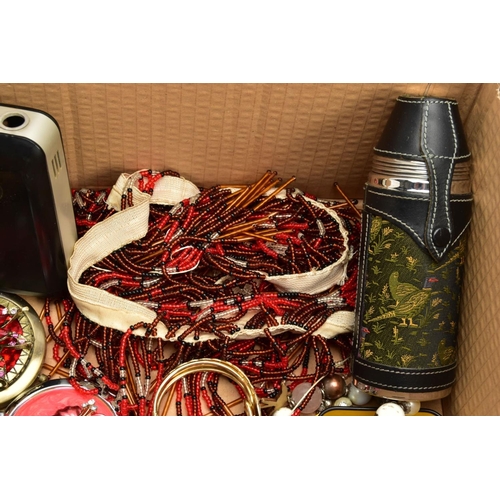 180 - A BOX OF ASSORTED ITEMS, to include various beaded costume necklaces, compacts, cufflinks, pin badge... 