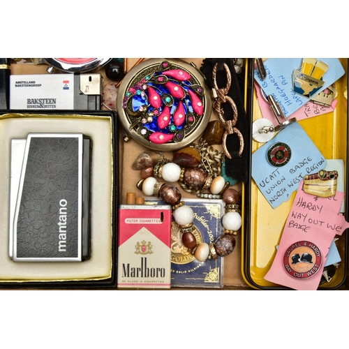 180 - A BOX OF ASSORTED ITEMS, to include various beaded costume necklaces, compacts, cufflinks, pin badge... 