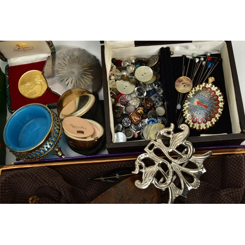 183 - TWO BOXES OF COSTUME JEWELLERY AND OTHER ITEMS, to include various early to mid-20th century paste s... 