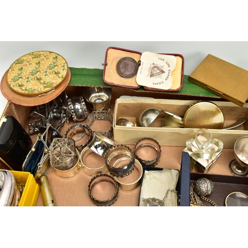 183 - TWO BOXES OF COSTUME JEWELLERY AND OTHER ITEMS, to include various early to mid-20th century paste s... 