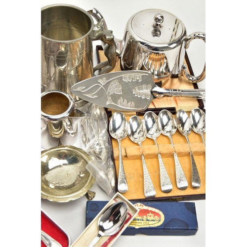 187 - CASED SILVER SPOONS AND WHITE METAL WARE, to include a cased set of six silver teaspoons, floral eng... 