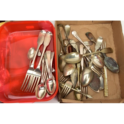 191 - A BOX OF ASSORTED SILVER CUTLERY AND A CANTEEN, to include two forks, six spoons, all hallmarked, ap... 