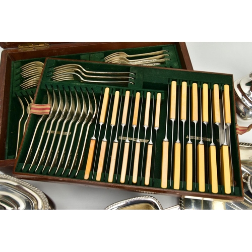 193 - A CANTEEN OF CUTLERY AND A TEA SERVICE SET, a complete 'Walker & Hall' canteen of cutlery, a four pi... 