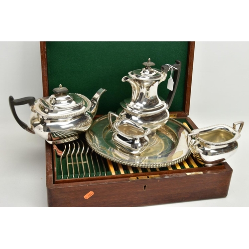 193 - A CANTEEN OF CUTLERY AND A TEA SERVICE SET, a complete 'Walker & Hall' canteen of cutlery, a four pi... 