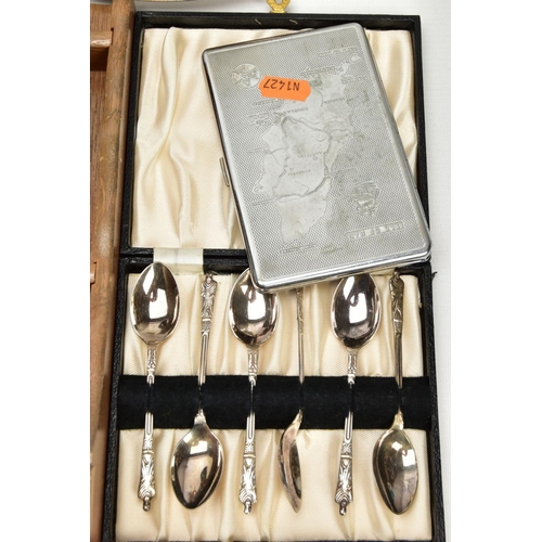 196 - A BOX OF ASSORTED WHITE METAL WARE AND OTHER ITEMS, to include a wooden display rack with collectabl... 