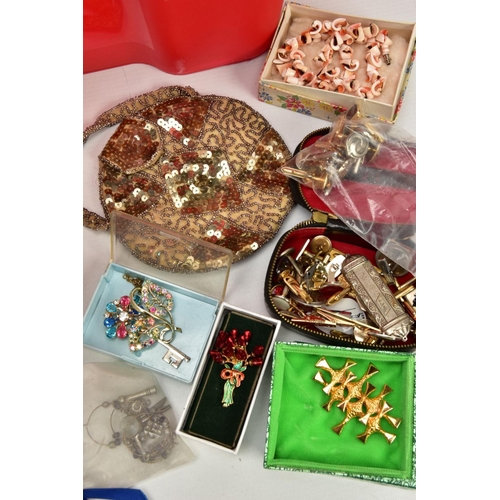 201 - A BOX OF ASSORTED ITEMS, to include Delina embroidered vanity set, three mantle clocks, names to inc... 