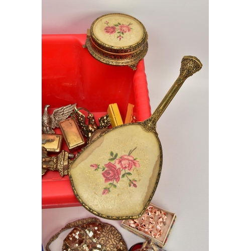 201 - A BOX OF ASSORTED ITEMS, to include Delina embroidered vanity set, three mantle clocks, names to inc... 