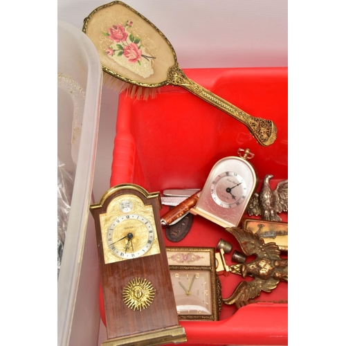 201 - A BOX OF ASSORTED ITEMS, to include Delina embroidered vanity set, three mantle clocks, names to inc... 