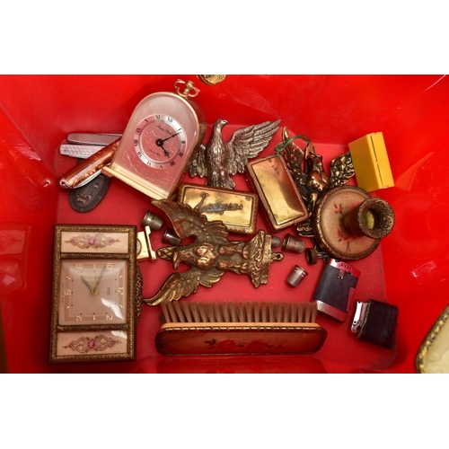 201 - A BOX OF ASSORTED ITEMS, to include Delina embroidered vanity set, three mantle clocks, names to inc... 