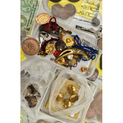 203 - A BOX OF ASSORTED MEDALS, COINS AND MEMORABILIA, to include two agricultural medals for 1898 and 190... 