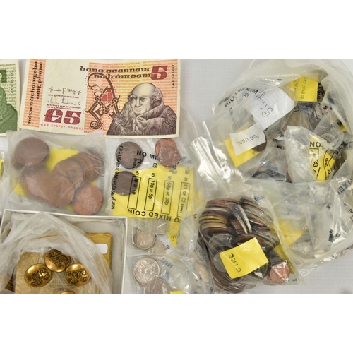 203 - A BOX OF ASSORTED MEDALS, COINS AND MEMORABILIA, to include two agricultural medals for 1898 and 190... 