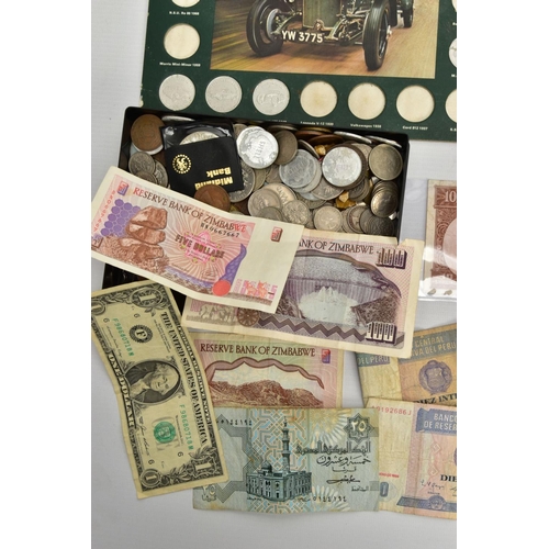 208 - A CARDBOARD BOX CONTAINING COINS AND BANKNOTES, to include a 1935 George V crown coin, a 1937 George... 