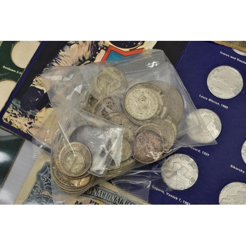 208 - A CARDBOARD BOX CONTAINING COINS AND BANKNOTES, to include a 1935 George V crown coin, a 1937 George... 