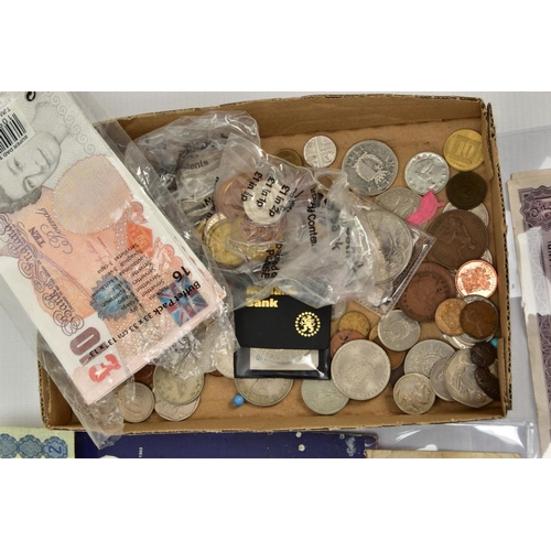 208 - A CARDBOARD BOX CONTAINING COINS AND BANKNOTES, to include a 1935 George V crown coin, a 1937 George... 