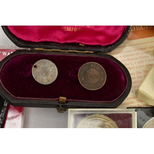 210 - A SMALL CAKE TIN OF COINS AND COMMEMORATIVES, to include: victorian and later silver coinage, an 188... 