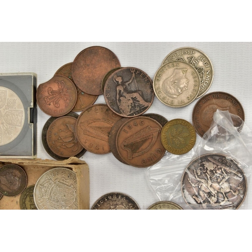 213 - A SMALL CARDBOARD TRAY OF MIXED COINAGE WITH AMOUNTS OF VICTORIAN AND LATER SILVER COINS, to include... 