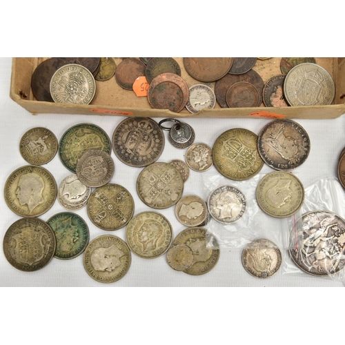 213 - A SMALL CARDBOARD TRAY OF MIXED COINAGE WITH AMOUNTS OF VICTORIAN AND LATER SILVER COINS, to include... 