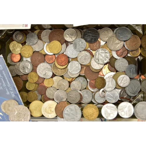 214 - A STRONG BOX OF WORLD COINS AND A FEW BANKNOTES,to include two 5 marks 1951 silver coins,a two-up   ... 