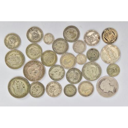 219 - A BAG OF ASSORTED SILVER COINS, to include three pence's, one shillings, two shillings, half-crown e... 