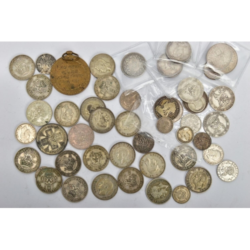 220 - A BAG OF ASSORTED SILVER COINDS, to include one shillings, three pence's, one Florins etc, approxima... 