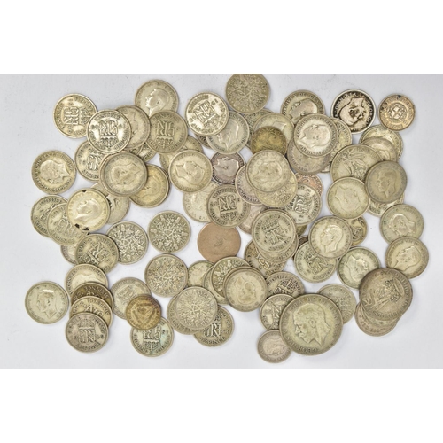 221 - A BAG OF ASSORTED SILVER COINS, to include six pence's, three pence's, one shillings, etc, approxima... 