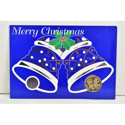 224 - FIVE GIBRALTAR CHRISTMAS GREETING CARDS, to include their relevant fifty pence diamond finish coins,... 