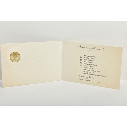 224 - FIVE GIBRALTAR CHRISTMAS GREETING CARDS, to include their relevant fifty pence diamond finish coins,... 