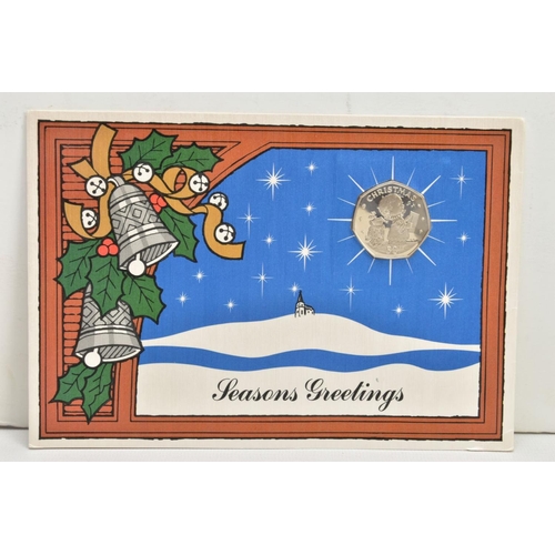 224 - FIVE GIBRALTAR CHRISTMAS GREETING CARDS, to include their relevant fifty pence diamond finish coins,... 