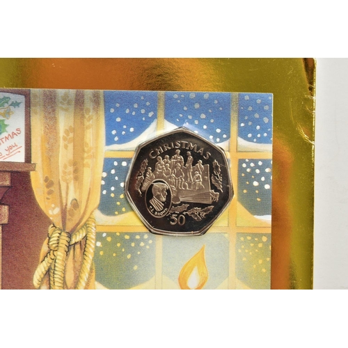 225 - FOUR ISLE OF MAN CHRISTMAS GREETINGS CARDS WITH DIAMOND FINISH FIFTY PENCE COINS, to include 1997 t ... 