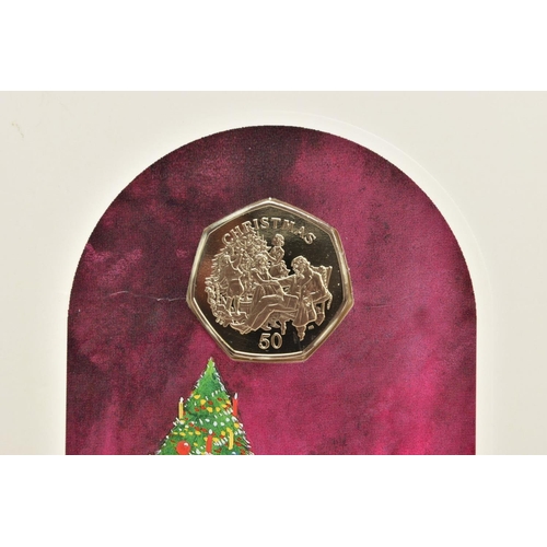 225 - FOUR ISLE OF MAN CHRISTMAS GREETINGS CARDS WITH DIAMOND FINISH FIFTY PENCE COINS, to include 1997 t ... 