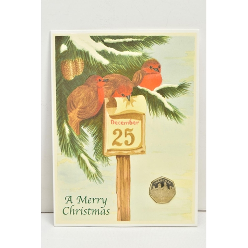 226 - FOUR ISLE OF MAN CHRISTMAS GREETINGS CARDS WITH DIAMOND FINISH FIFTY PENCE COINS, to include 1990 bb... 