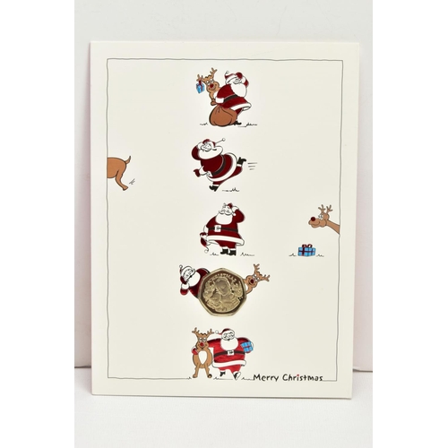 227 - FOUR ISLE OF MAN AND GIBRALTAR CHRISTMAS GREETING CARDS AND DIAMOND FINISH 50p COINS, to include I.O... 