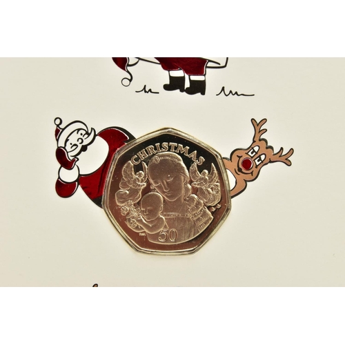 227 - FOUR ISLE OF MAN AND GIBRALTAR CHRISTMAS GREETING CARDS AND DIAMOND FINISH 50p COINS, to include I.O... 