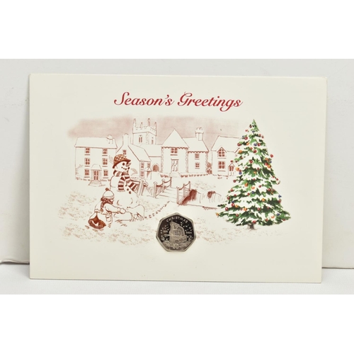 227 - FOUR ISLE OF MAN AND GIBRALTAR CHRISTMAS GREETING CARDS AND DIAMOND FINISH 50p COINS, to include I.O... 