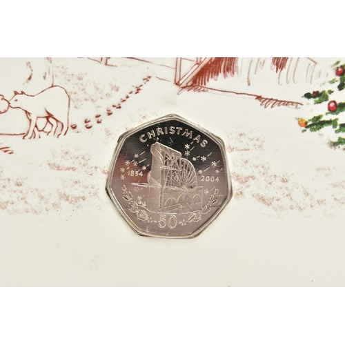 227 - FOUR ISLE OF MAN AND GIBRALTAR CHRISTMAS GREETING CARDS AND DIAMOND FINISH 50p COINS, to include I.O... 