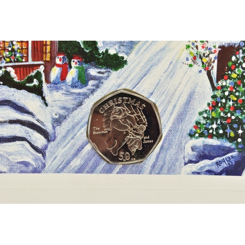 228 - THREE ISLE OF MAN CHRISTMAS GREETING CARDS WITH DIAMOND FINISH FIFTY PENCE COINS, to include 1994 hu... 