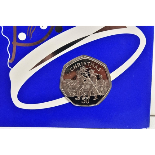 228 - THREE ISLE OF MAN CHRISTMAS GREETING CARDS WITH DIAMOND FINISH FIFTY PENCE COINS, to include 1994 hu... 