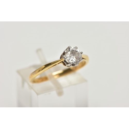 229 - A YELLOW METAL SINGLE STONE DIAMOND RING, old cut diamond within an eight-claw setting, colour asses... 