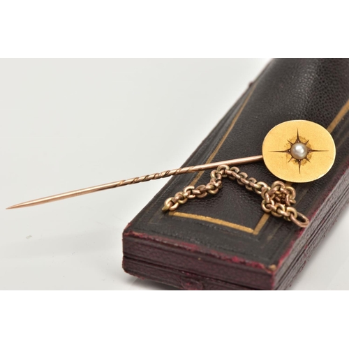 232 - A YELLOW METAL STICK PIN AND PART CHAIN, a plain polished oval set with a cultured star set pearl, u... 