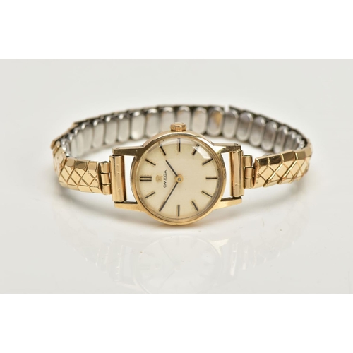 233 - A LADIES 9CT GOLD 'OMEGA' WRISTWATCH, round gold dial signed 'Omega', baton markers, black hands, wi... 