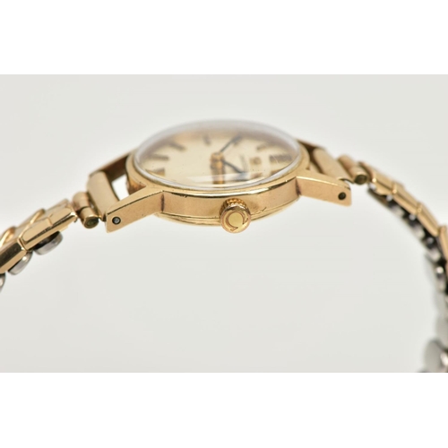 233 - A LADIES 9CT GOLD 'OMEGA' WRISTWATCH, round gold dial signed 'Omega', baton markers, black hands, wi... 