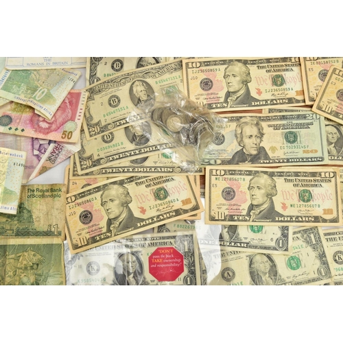 236 - A WOODEN BOX OF ASSORTED COINS AND BANKNOTES, to include a pouch with a variety of USA banknotes, ot... 