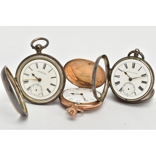 25 - TWO SILVER POCKET WATCHES AND A PLATED POCKET WATCH, an open face pocket watch, white dial, signed '... 