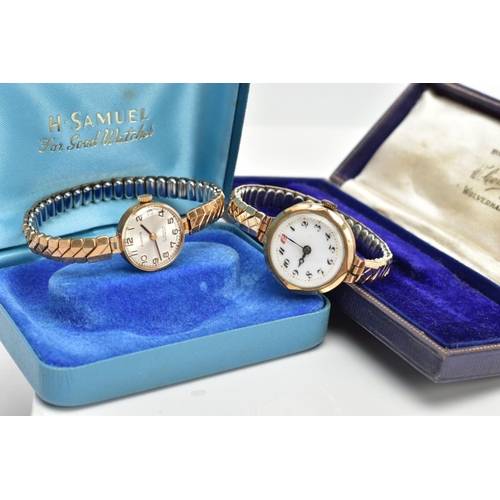 27 - TWO LADIES 9CT GOLD WRISTWATCHES, the first with a round white dial unsigned, Arabic numerals, blue ... 