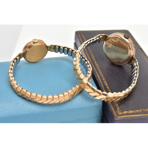 27 - TWO LADIES 9CT GOLD WRISTWATCHES, the first with a round white dial unsigned, Arabic numerals, blue ... 