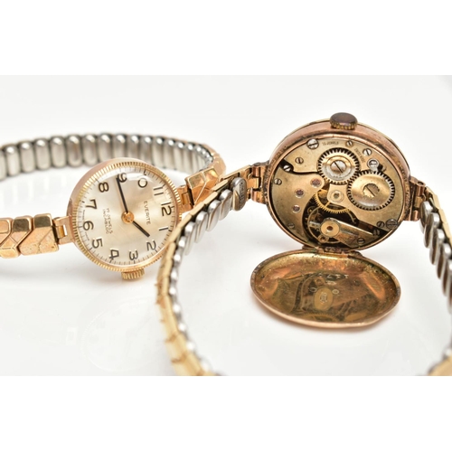 27 - TWO LADIES 9CT GOLD WRISTWATCHES, the first with a round white dial unsigned, Arabic numerals, blue ... 