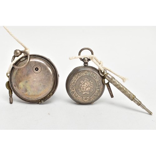 29 - TWO SILVER OPEN FACE POCKET WATCHES, the first with a round white ceramic dial signed ' The express ... 