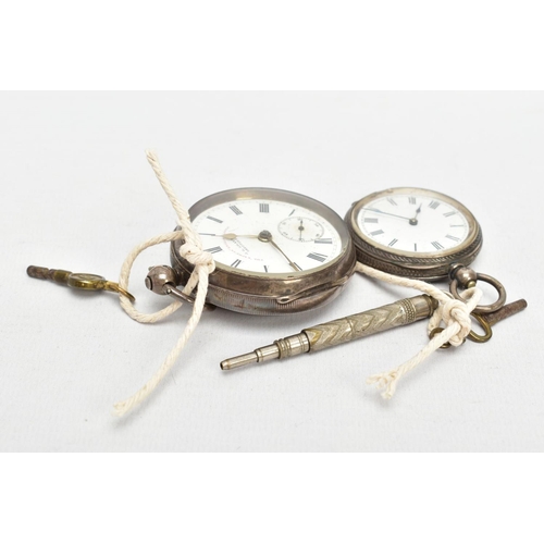 29 - TWO SILVER OPEN FACE POCKET WATCHES, the first with a round white ceramic dial signed ' The express ... 