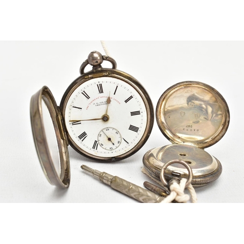 29 - TWO SILVER OPEN FACE POCKET WATCHES, the first with a round white ceramic dial signed ' The express ... 