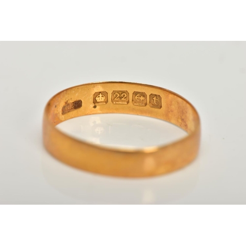 34 - A 22CT GOLD BAND RING, wide plain polished band, hallmarked 22ct Birmingham, ring size leading edge ... 